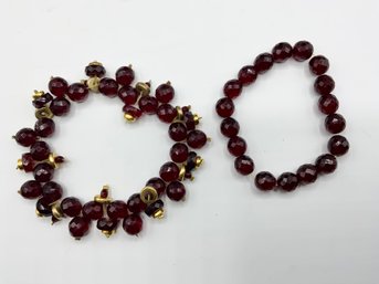 2 Bracelets With Red Faceted Stones