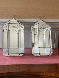 Pair Leaded Glass Wall Hanging Terrariums 14x8x3.75in Mirror Back Gothic Style Cool