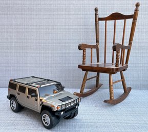 A Car Form Piggy Bank And Vintage Doll Rocking Chair