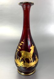 Vintage Ruby Red Bud Vase With Deer Landscape Probably Bohemian