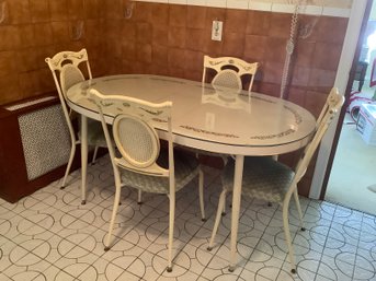 VINTAGE WHITE TABLE WITH LEAF AND GLASS TOP WITH CHAIRS