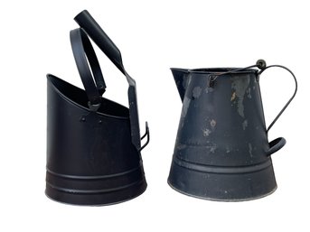 Black Metal Fireplace/ash Bucket With Shovel & Black Metal Water Can Both With Carrying Handles