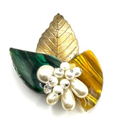 Vintage Artisan Resin And Pearl Color Beaded Leaf Brooch