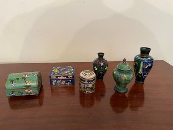 Lot Of 6 Pieces Of Antique Cloisonne Enamel Vase Box Jar