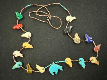 Vintage Signed Zuni Bear Semi Precious Stone Necklace