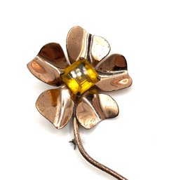 Vintage Shiny Copper And Citrine Stone Flower Brooch