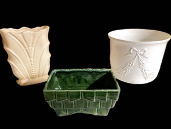 Shawnee Art Deco Vase, New England Pottery? Art Deco Garland Relief Pot And Cookson Pottery Green 2806 Planter