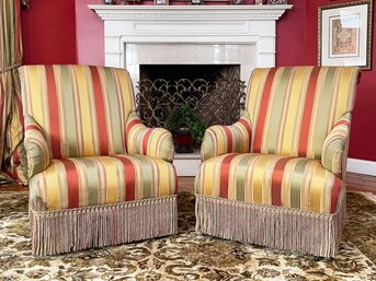 A Pair Of Attractive Skirted Armchairs In Satin Stripes By Thomasville