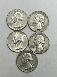 5 Washington Silver Quarters 1954-D, 1958-D, 1961-D, 1964, 1964-D