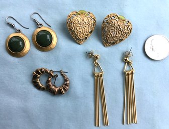 4 Sets Of Vintage Earrings - Gold Tone Jadite, Goldtone Hearts, Possible Gold Bamboo Hoops & Fringe