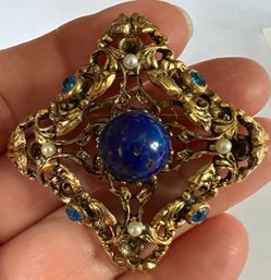 VINTAGE SIGNED M GOLD TONE FAUX LAPIS/PEARL BROOCH