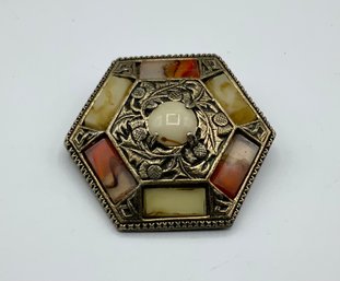 Vintage Glass Scottish Agate Gold Tone Octagon Brooch ~ Miracle ~