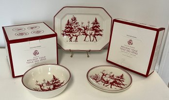 NEW William Sonoma Red Toile Tray, Salad Plates & Bowls