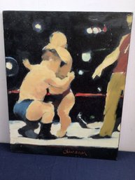 Dureau 67 Signed Oil On Canvas- Wrestling Scene