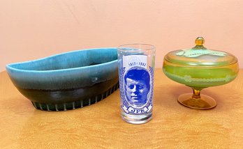 A Vintage JFK Commemorative Glass, Leaf Form Ceramic Bowl, And More