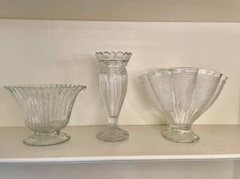 Vintage Pressed Glass Vases Including L.E. Smith Thousand Eyes/Hobnail Fan Vase