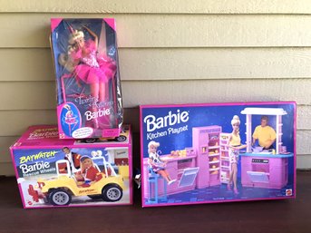 Barbie Products: Kitchen Playset, Twirling Ballerina Barbie, And Baywatch Rescue Wheels