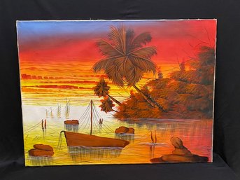 Vintage Acrylic On Canvas Islandscape - Signed