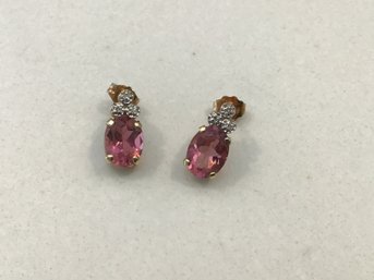14 K Golg Pink Stone With Diamond Accent Earrings 1.56 Grams