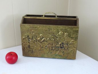 Mid-Century Brass Repousse' Covered Wooden Magazine Rack