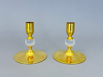 Pair Of Valerio Albarello Gold Plated Candle Sticks With Swarovski Crystal