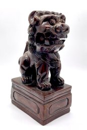 Antique Hand Carved Wood Asian Guardian Foo Dog Lion Statue