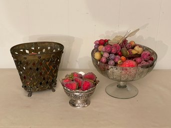 Silver And Glass Bowl With Brass Basket All Containing Artificial Fruit