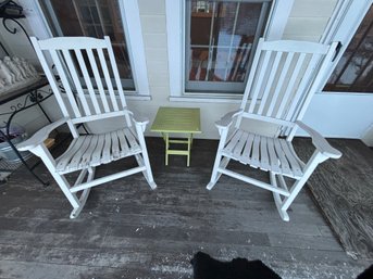 TWO WOOD PORCH ROCKERS AND AN PLASTIC TABLE