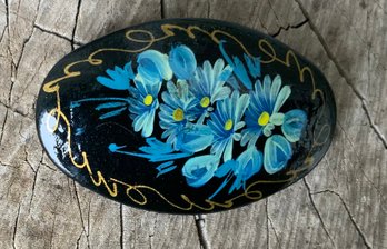 Lacquer Oval Brooch ~ Hand-painted Flowers ~ Signed