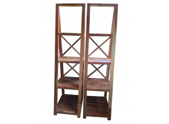 Set Of Three Tiered Ladder Style Knotted Cedar Wood Bookshelves