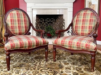 A Pair Of Balloon Back Arm Chairs In Smart Plaid By Thomasville