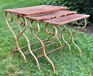 A Vintage Wrought Iron And Mesh Nesting Table Set - 1950's