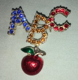 Mid Century Favorite Teacher's ABC Apple Broach Brooch Pin W/ Diamond Rhinestones