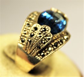 Fine Sterling Silver Blue Gemstone Ring Having Marcasite Stones Size 7.5