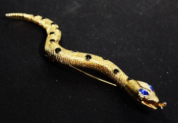 Large Vintage Gold Tone Snake Formed Brooch Having Blue Rhinestone Eyes