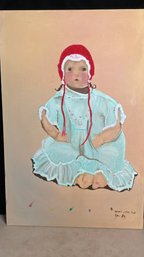 Large Original Signed Oil Painting Of Doll In Baby Sky Blue Dress With Red Bonnet Painting