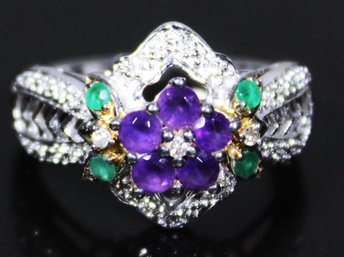 VERY FINE STERLING SILVER LADIES RING EMERALDS AMETHYST STONES SIZE 8