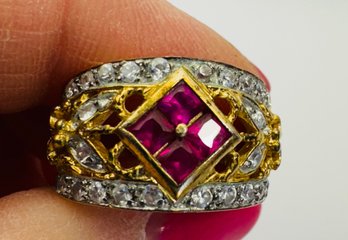 GORGEOUS GOLD OVER STERLING SILVER RUBY AND WHITE STONE RING