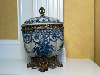 Vintage French Style Blue & White Lidded Urn With Brass Fittings