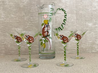 Vintage (1990) Lynn Chase Monkey Business Martini Glasses With Matching Cocktail Pitcher And Stirrer