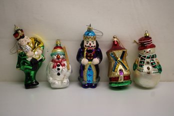 Mixed Lot Of Five Classic Mercury Glass Ornaments With Two Snowmen, Tuba Player, Windmill & Wiseman