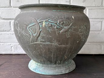 A Vintage Cast Art Bronze Planter - Bird And Nature Motif