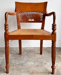 A Custom Carved Hickory Plantation Style Arm Chair With Cane Seat