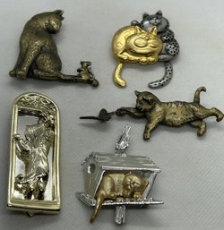 5 Vintage Signed Cat-related Brooches