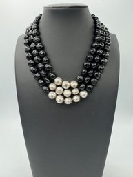 Multi Strand Black Onyx & Sterling Silver Beaded Necklace