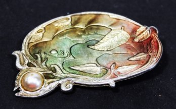 Signed Art Nouveau Silver Tone Brooch Having Enamel And Faux Parl