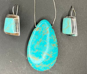 Vintage 925 Sterling Silver Turquoise - 2 Inch H X 1.25 Teardrop Necklace - Italy Chain - Earrings - Mexico