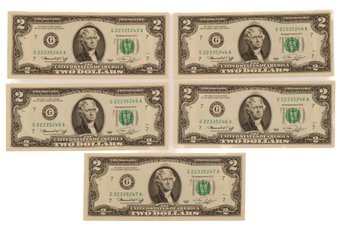 5 Consecutive 1976 $2 Bills Bicentennial Federal Reserve Sequence Numbers Uncirculated