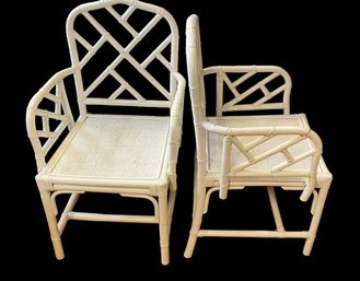 A Vintage Painted White Bamboo / Rattan Dining Armchair - Pair