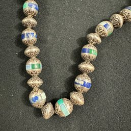Awesome Native American Sterling Necklace With Malachite, Lapis And Pearl